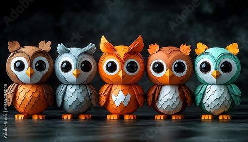 A group of colorful paper owls standing together in a row