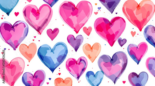 Watercolor Color hearts seamless pattern on white background vector	