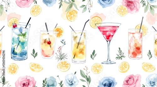 Vibrant watercolor illustration of various tropical cocktails with umbrellas and fresh fruit	