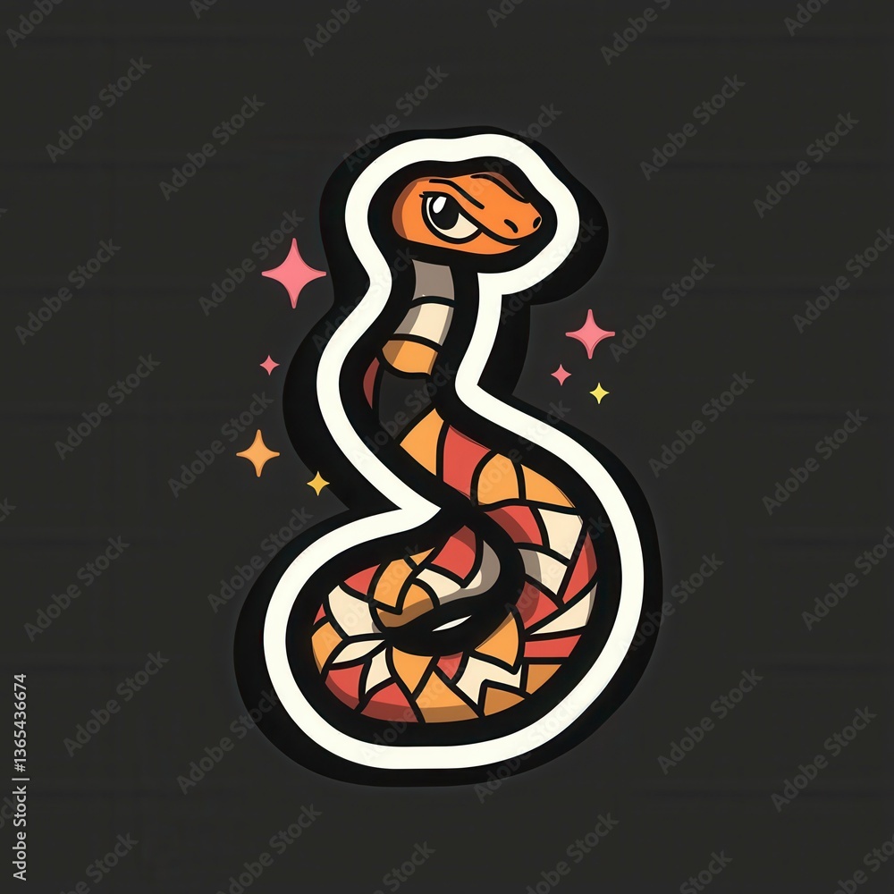 Fototapeta premium Cute Cartoon Snake with Retro Style and Magical Sparkle Design