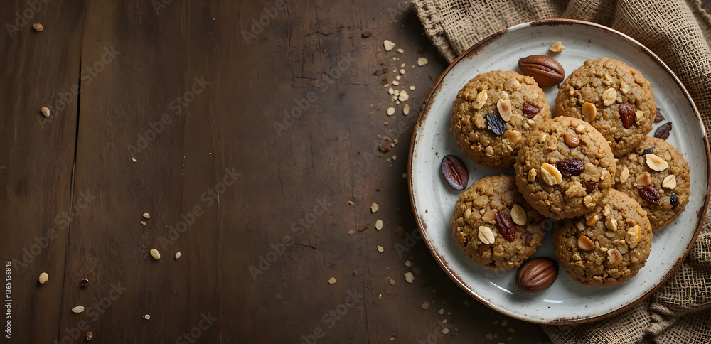Fototapeta premium Faked oatmeal cookies arranged on a plate, featuring nuts and dried fruits. The rustic background enhance the homemade feel of the treat