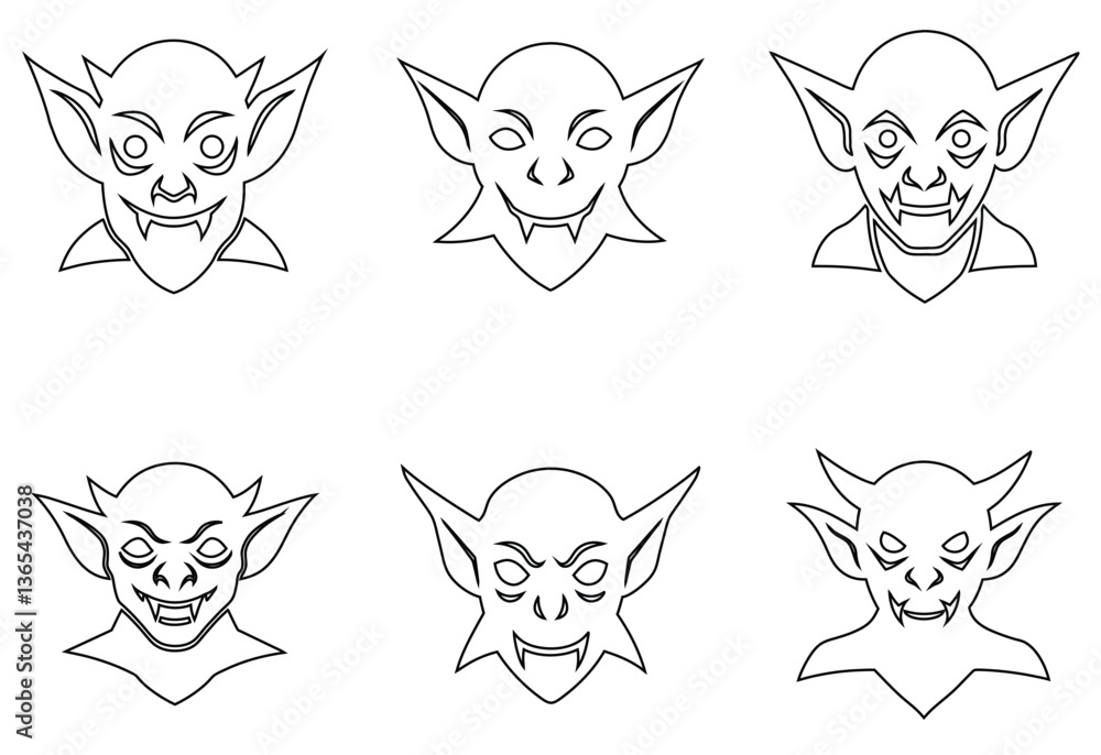 Fototapeta premium Set of Black and White Goblin and Vampire Face Line Art Icons