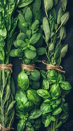 Freshly harvested herbs arranged on a dark surface ready for culinary use in a kitchen setting