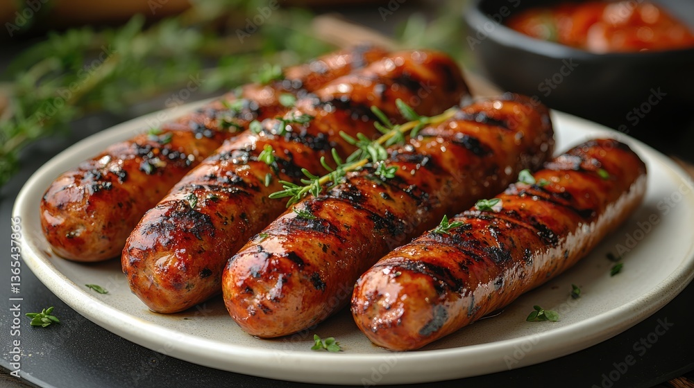 Culinary delight: succulent grilled sausages artfully arranged on a plate. Each sausage is expertly seared, creating a symphony of flavors and textures in a feast for the eyes and palate. Culinary delight: succulent grilled sausages artfully arranged on a plate. Each sausage is expertly seared, creating a symphony of flavors and textures in a feast for the eyes and palate.