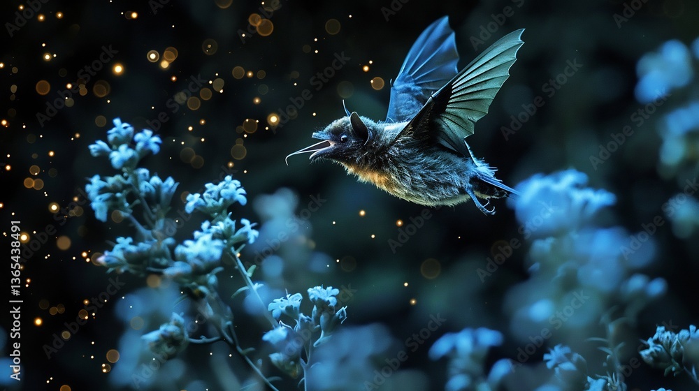 Fototapeta premium Blue Agave Threatened Future of Tequila Bat Pollination Illustrate Blue Agave plant Agave tequilana under starry Mexican night Lesser Long Nosed Bat hovers nearby extending tongue into plant nectar