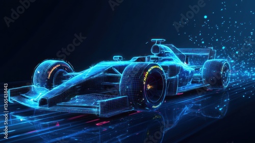 Futuristic F1 race car, digital rendering, glowing lines, abstract background