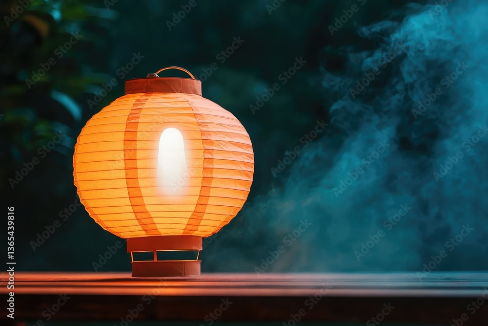 Obraz premium Lantern's Gentle Glow: A captivating paper lantern casts a warm light, illuminating the foreground against a softly diffused background. Its vibrant.
