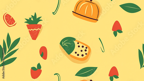 Colorful fruit and vegetable illustrations create cheerful seamless pattern, perfect for farm to table themes