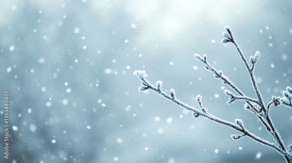 Frosted Branch in Snowfall: Winter's Gentle Touch Frosted Branch in Snowfall: Winter's Gentle Touch