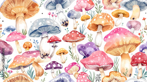 Watercolor pattern mushrooms white background