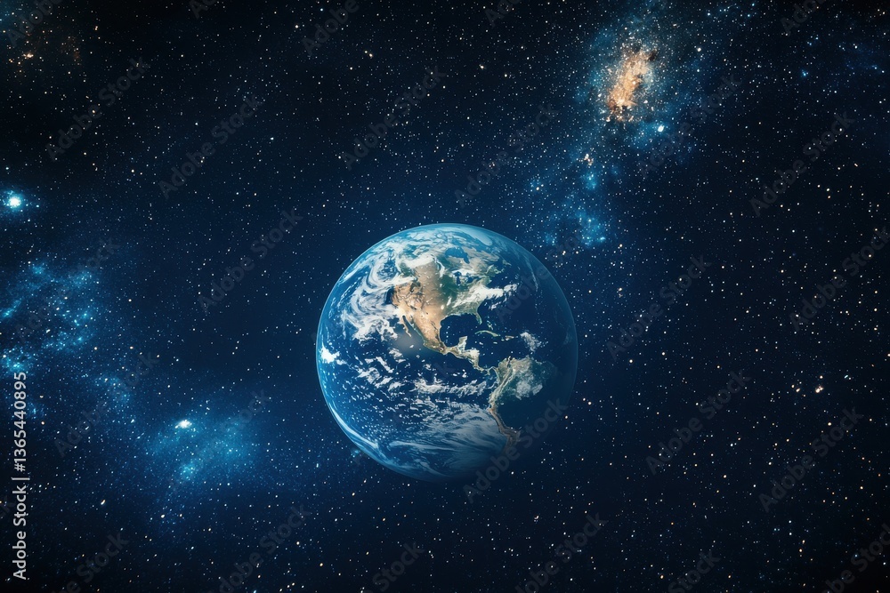 Obraz premium a mesmerizing view of planet earth floating in the vastness of space, captured from a distance, revealing the beauty of our home. The image showcases the continents, oceans, and swirling clouds.