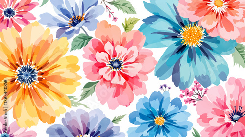 Watercolor seamless pattern colorful wild flowers on the white background