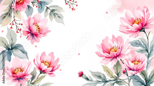 Watercolor floral seamless pattern with hand-painted blush pink flowers and green leaves on white background. Botanical print.	