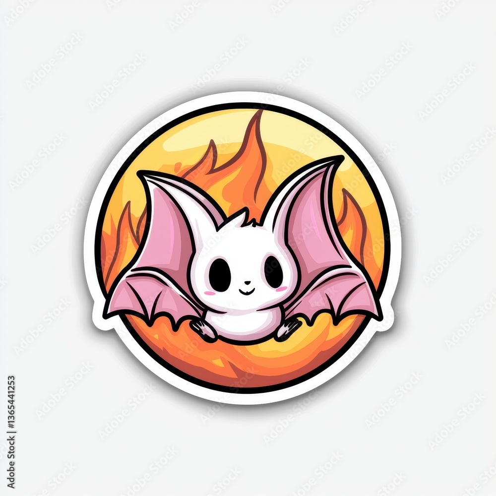 Fototapeta premium Adorable Cartoon Bat in Fiery Circle Sticker Design
