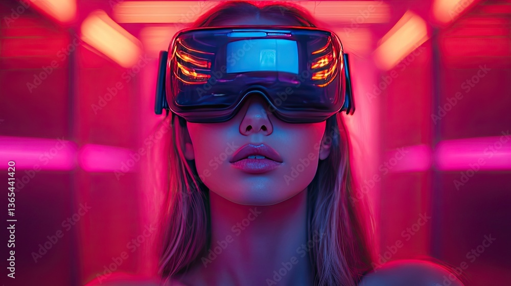 Future Glimpse: Woman immersed in augmented reality, illuminated by futuristic neon lights and captivating technology. Future Glimpse: Woman immersed in augmented reality, illuminated by futuristic neon lights and captivating technology.