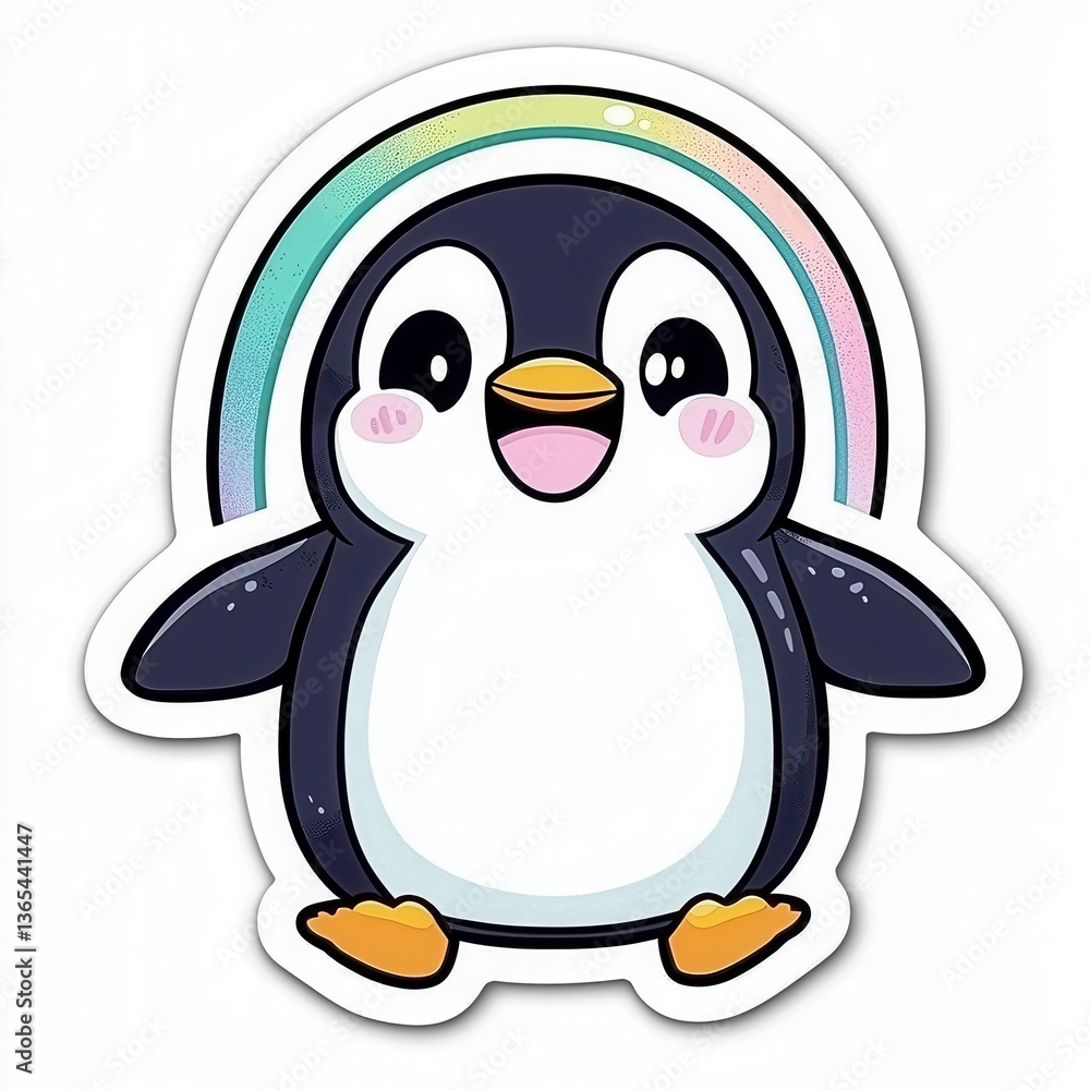 Fototapeta premium Adorable Cartoon Penguin Under a Rainbow Sticker