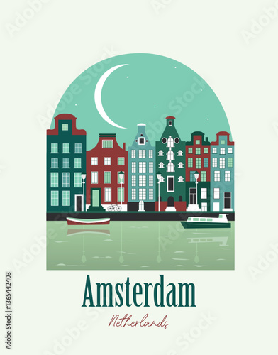 Sticker Travel Illustration of Amsterdam city in arch