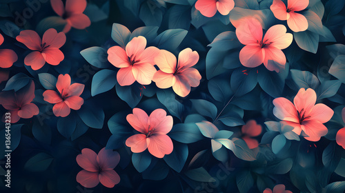 Tropical Flowers on Dark Leaves, elegant wallpaper, floral background