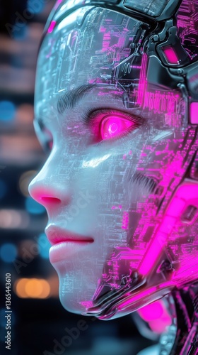 Futuristic Female Robot With Glowing Circuit Patterns in a Dimly Lit Environment