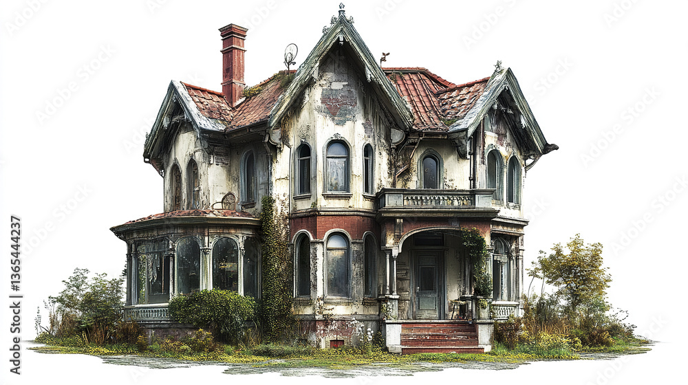 Obraz premium Aged Victorian house with overgrown plants and weathered facade