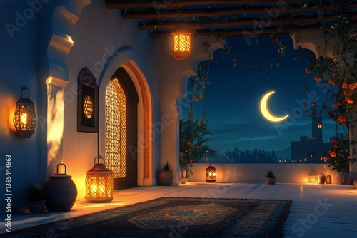 Enchanting Night in a Tranquil Village With Illuminated Lanterns and a Cresce...