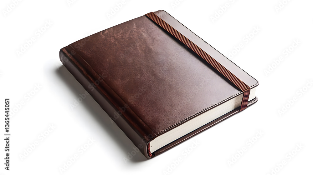 classic hardcover journal with elastic band lies on white background, showcasing its elegant brown leather cover and sleek design, perfect for writing or sketching classic hardcover journal with elastic band lies on white background, showcasing its elegant brown leather cover and sleek design, perfect for writing or sketching