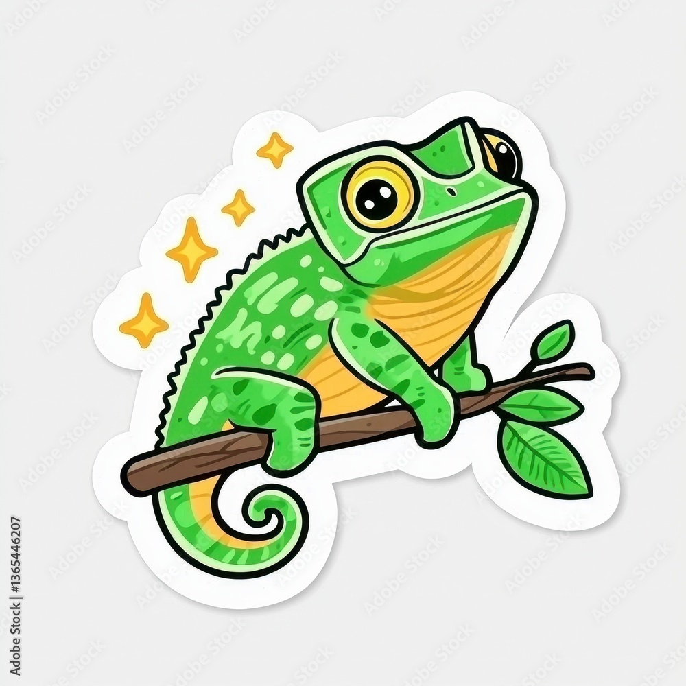 Fototapeta premium Adorable Cartoon Chameleon on Branch Sticker Design