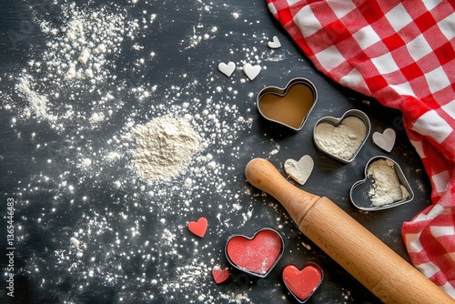 Heart-shaped Cookies and Baking Tools Arranged on a Black Countertop With Flo...