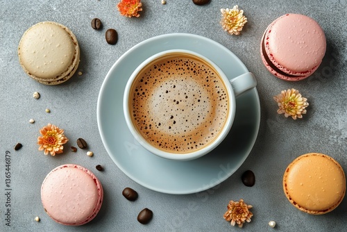 Delicious Coffee With Colorful Macarons and Coffee Beans on a Textured Surface