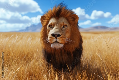 Majestic Lion Resting in Sunlit Grassland During Golden Hour