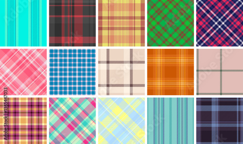 Geometric plaid patterns for fabric and textiles, featuring classic checks and stripes for shirts, clothes, or trendy backgrounds.