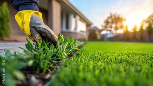 Gardening action lawn maintenance residential area afternoon close-up plant care and landscape improvement
