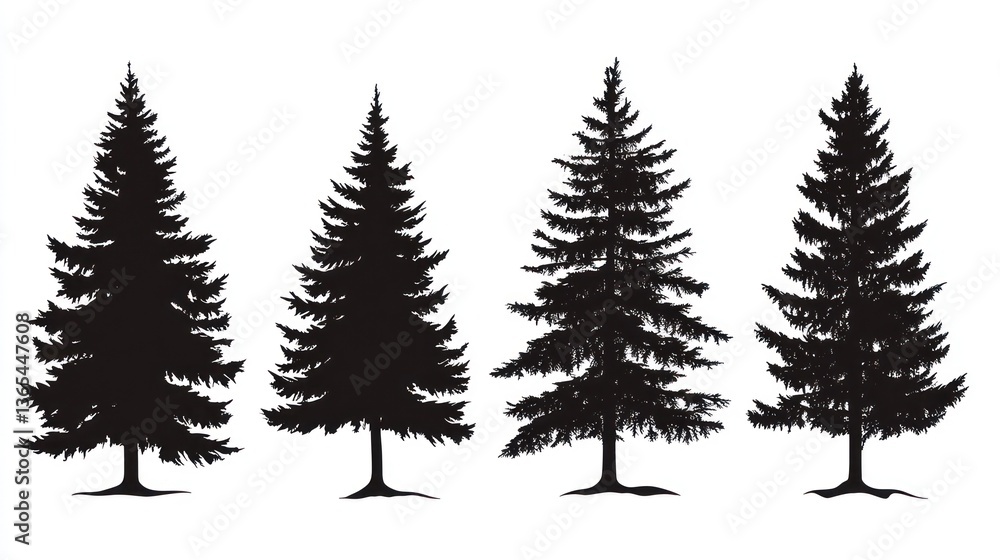 Obraz premium Four evergreen silhouettes, forest, nature, design