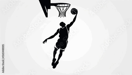 A sleek black silhouette vector icon of a basketball player mid-dunk