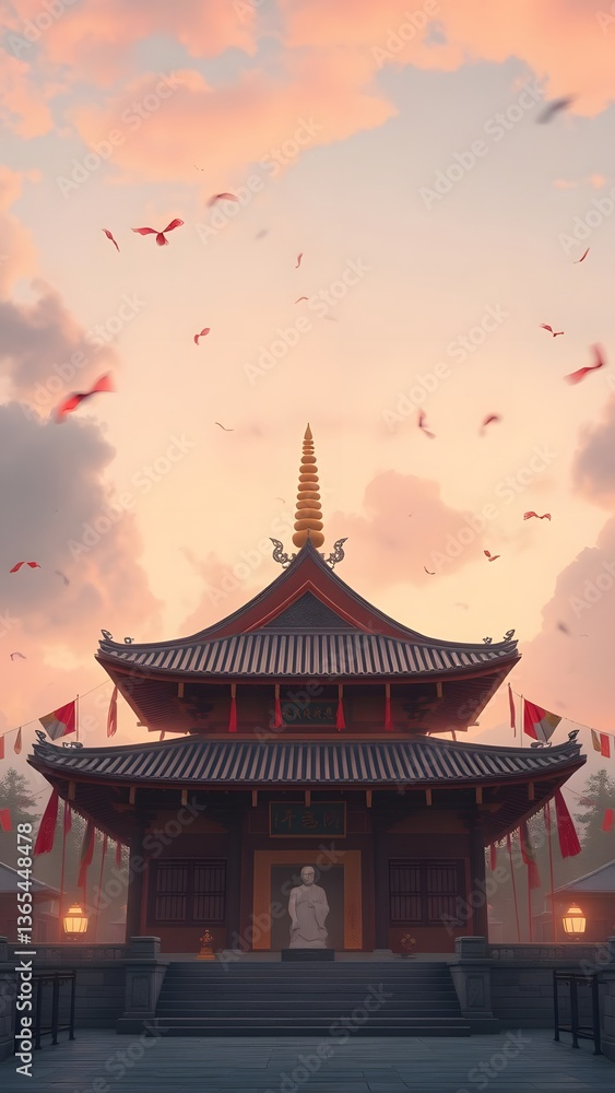 A stunning temple at sunset, surrounded by birds, ideal for a phone wallpaper. A stunning temple at sunset, surrounded by birds, ideal for a phone wallpaper.