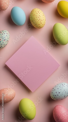 Colorful Easter Eggs Arranged Around a Blank Pink Note on a Pastel Background