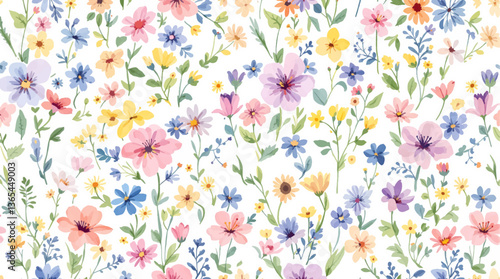 Watercolor floral seamless pattern with hand-painted blush pink flowers and green leaves on white background. Botanical print.	