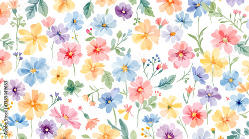 Watercolor floral seamless pattern with hand-painted blush pink flowers and green leaves on white background. Botanical print.	