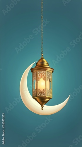 Hanging Lantern With Crescent Moon Design Illuminated Against Blue Background