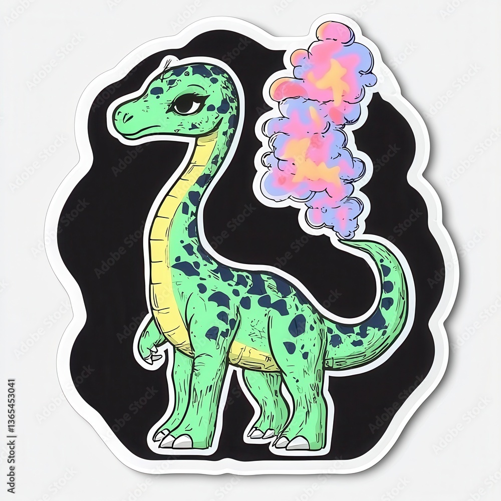Naklejka premium Kawaii Pastel Dinosaur Blowing Rainbow Smoke - Cute Sticker Design