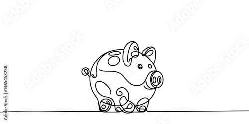 Piggy bank in continuous line art drawing style. Pig moneybox black linear sketch isolated on white background. Vector illustration