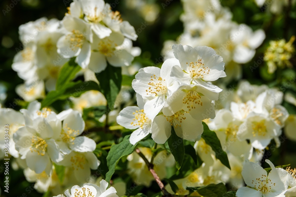 Fleurs Philadelphus coronarius Seringat commun, avec tons jaune plus vifs Fleurs Philadelphus coronarius Seringat commun, avec tons jaune plus vifs