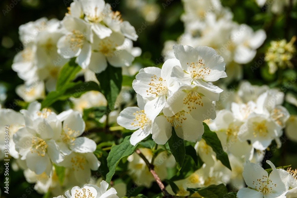 Fleurs Philadelphus coronarius Seringat commun, avec tons jaune vifs Fleurs Philadelphus coronarius Seringat commun, avec tons jaune vifs