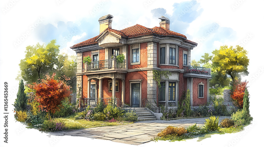 Charming residential house with red roof and lush garden Charming residential house with red roof and lush garden