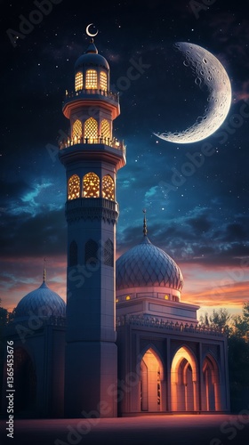 Tower of a Beautiful Mosque Illuminated at Dusk With a Crescent Moon in the Sky