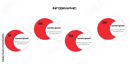 A sleek and modern infographic design featuring a circular step-by-step layout. The design consists of four numbered sections with overlapping red and white circles, providing a visually appealing and