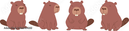 Wild beaver set. Funny character in various poses cartoon design. Vector animals Isolated on white background.