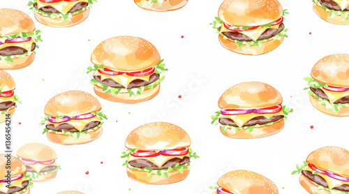 Elegant watercolor hamburger pattern with fresh ingredients suitable for menu design and upscale culinary backgrounds.
