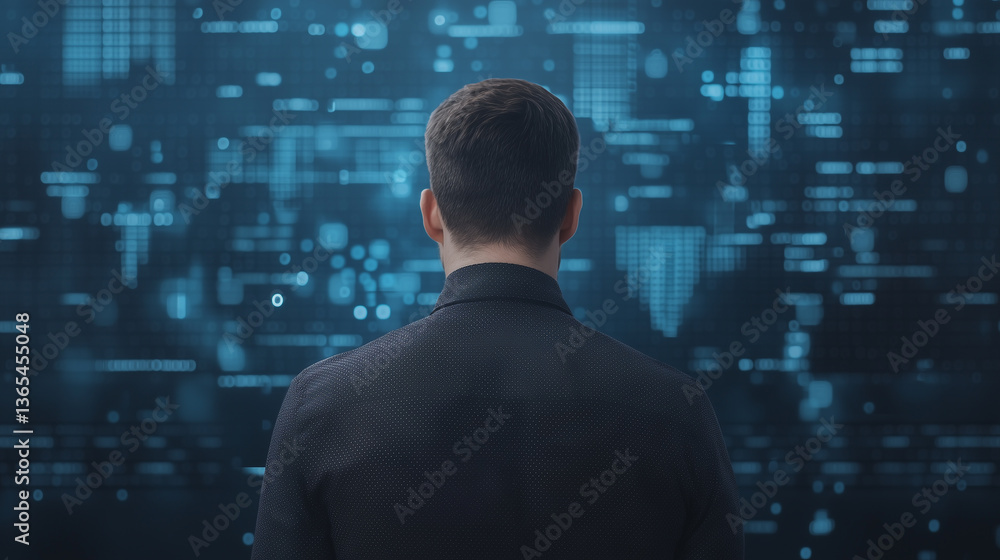 man stands facing digital screen filled with data, creating futuristic atmosphere man stands facing digital screen filled with data, creating futuristic atmosphere