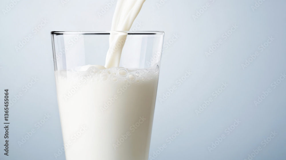 Pouring milk into a glass, creating a delightful cascade of bubbles and foam against a light blue background, capturing the essence of freshness and a wholesome breakfast experience Pouring milk into a glass, creating a delightful cascade of bubbles and foam against a light blue background, capturing the essence of freshness and a wholesome breakfast experience